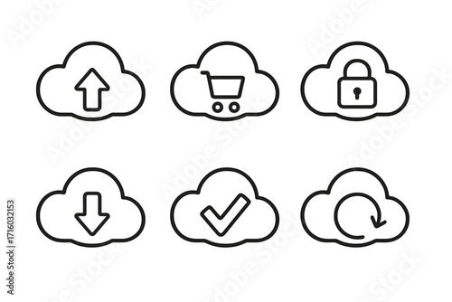 Cloud computing line icon set. Upload, download, security, online store, sync, and check mark symbols. Vector icons for data storage, web hosting, and online services.