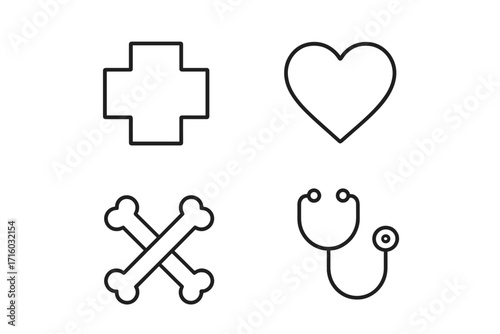 Medical line icon set with cross, heart, bones, stethoscope. Health care concepts for emergency, cardiology, orthopedics. Minimalist symbols for clinic, doctor, web. Vector.