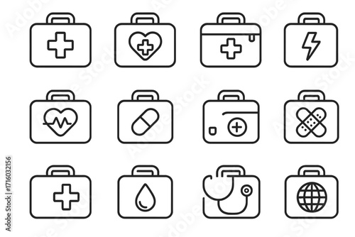 Medical icon set. First aid kit & doctor bag thin line icons. Healthcare suitcase with cross, heart, pill, plaster, stethoscope. Emergency medicine vector symbols for web.