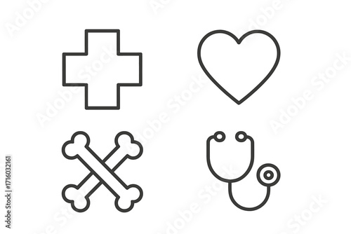 Medical cross, heart, bones, and stethoscope line icon pack. Health care and medicine linear pictogram set for web, graphic design, apps, and social media. Vector symbols.