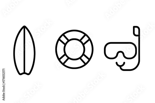 Water sports and beach vacation line icon set. Surfboard, lifebuoy, and snorkel mask. Minimal linear pictogram collection for web and graphic design, apps, and banners. Vector.