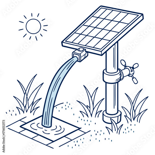 Hand drawn illustration of a solar powered water pump system providing water to a drain