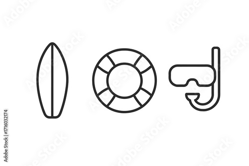 Summer beach vacation line icon set. Surfboard, lifebuoy and diving mask symbols. Water sports, travel and safety on the sea concept. Minimal linear pictogram for web design.