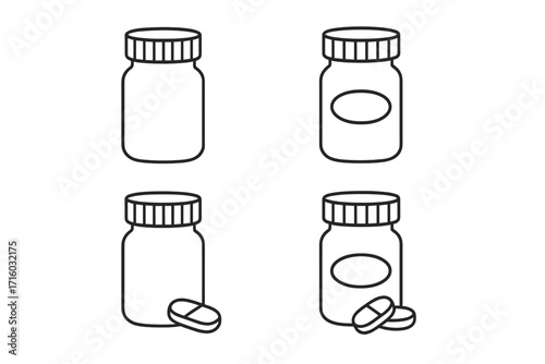 Pill bottle line icon set. Medicine container vector. Pharmacy, prescription drugs, vitamins, supplements illustration. Editable stroke. Healthcare, medical treatment symbols.