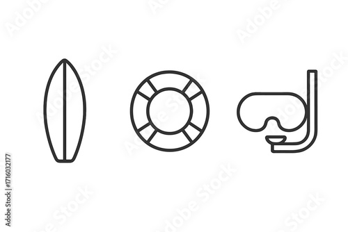 Water sports line icon set with surfboard, lifebuoy, and diving mask. Summer beach vacation, ocean safety, and travel concepts. Minimal vector pictogram for web design.