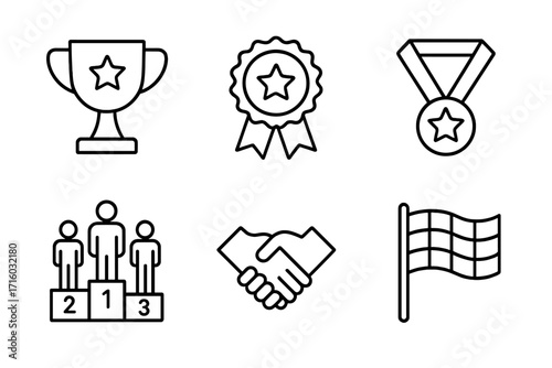 Award and competition line icon set. Editable stroke vector collection. Trophy, medal, winner podium, handshake, finish flag. Success, achievement, and victory concepts.