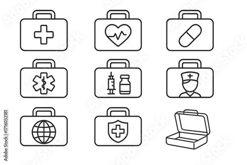 Medical suitcase icon set. First aid kit thin line icons. Vector symbols for healthcare, medicine, emergency, doctor, pharmacy, cardiology, vaccine, global health. Editable stroke.