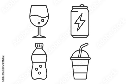 Drink and beverage line icon set. Simple outline symbols: wine glass, energy drink can, soda bottle, takeaway cup. Vector pictogram collection for menu, web, and apps.