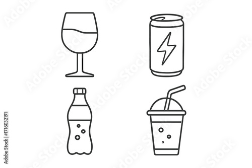 Collection of drink line icons. Set of alcoholic, energy, and soft drinks. Wine glass, soda bottle, juice cup vector symbols for web, apps, infographics, and menu design.