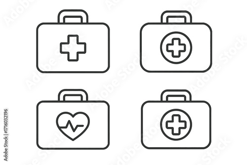 First aid kit line icon set. Medical case with cross and heart symbols. Health care, emergency, and medicine concept. Doctor bag outline pictogram collection for web, app design.