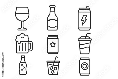 Drink and beverage line icon set. Collection of simple outline symbols. Soda, beer can, wine glass, energy drink, cocktail. Vector illustration for bar menu, party, web, app.