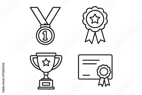 Award and prize icon set for competition winner. Line art collection with trophy, first place medal, certificate, and ribbon. Vector outline symbols for success and achievement.