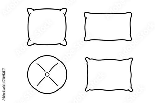 Pillow icon set. Cushion collection. Outline vector. Various shapes. Square, rectangular, round pillows. Home decor. Bedding concept. Sleep symbol. Comfort. Soft furnishing. Rest. Relaxation.