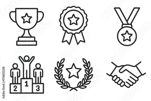 Award and competition icon set. Winner prize, trophy cup, success medal, and victory podium line icons. Business achievement, leadership, and partnership handshake symbol.