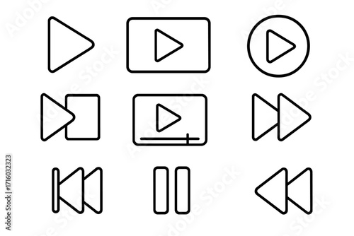 Play button line icon set. Media player control outline signs for graphic and web design. Vector collection of play, pause, forward, rewind, next and previous symbols.