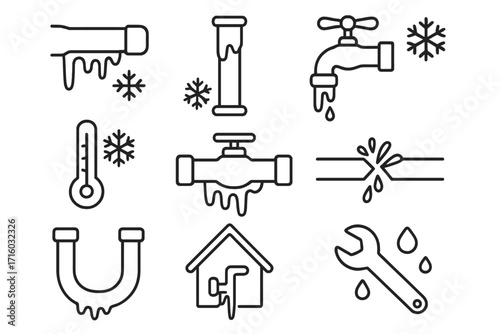 Frozen pipes and burst pipe plumbing problems icon set. Winter water damage, emergency repair service line icons. Cold temperature, faucet leak, icicle vector symbols.