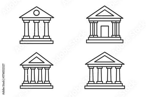 Bank building line icon set. Finance, economy pictogram collection. Government, university, court house sign. Financial institution, museum, library vector symbol.