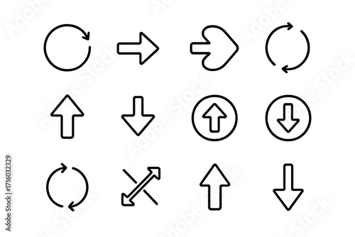 Arrow line icons collection. Vector pointer symbols set. Up, down, left, right direction signs. Reload, refresh, upload, download, and resize pictograms for web and UI design.