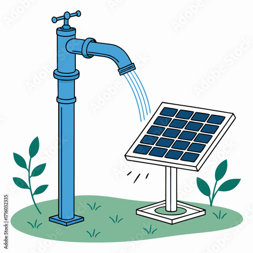 Illustration of a solar panel powering a water tap with water flowing onto the panel
