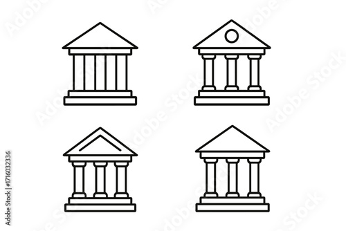 Bank building icon set. Government, courthouse, university, museum simple line art. Finance, justice, education concept symbols. Vector pictogram outline collection.