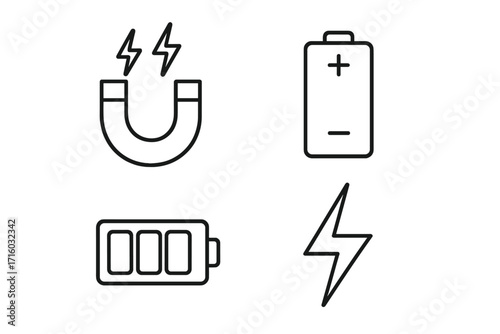 Energy and electricity simple line icon set. Power, charge, and battery signs. Vector outline symbols for web design, mobile apps, and infographics. Magnet and lightning bolt.