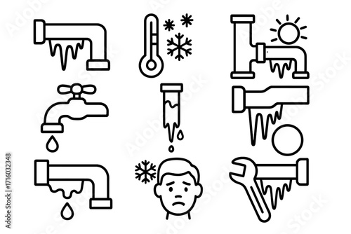 Frozen water pipes line icon set. Vector icons for winter plumbing problems, burst pipe repair, thawing, cold weather damage, frost, icicles, and low temperature concepts.