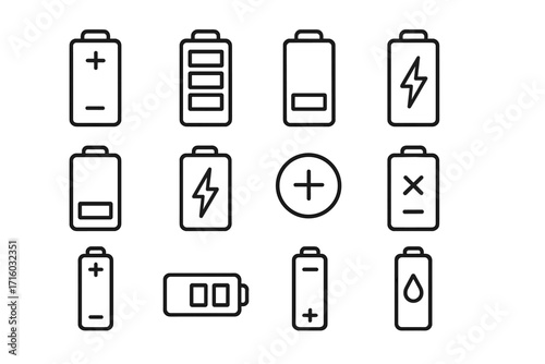 Battery charge level indicator icon set. Collection of line art pictograms. Power status, energy accumulator symbols. Full, low and empty battery signs. Editable stroke vector.