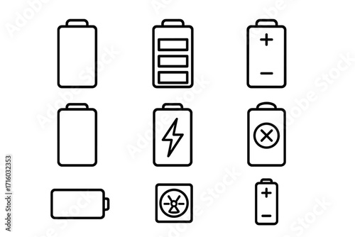 Battery icon set line art collection. Vector symbols for power level, charge status, and energy indicator. Full, low, empty, charging, and dead batteries. Editable stroke.