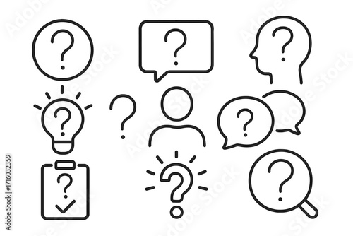 Question mark line icon collection. FAQ, help and support center symbols. Vector outline signs for problem solving, inquiry, quiz, and communication. Thin linear pictogram set.