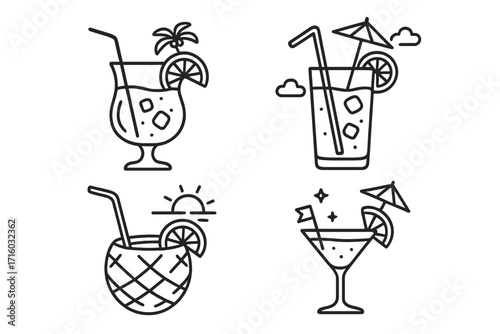 Cocktail icon set vector. Summer beach party line art collection. Tropical drinks for vacation. Bar menu illustration. Alcohol, fresh juice, pineapple, martini glass icons.