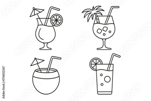 Summer cocktail line icon set. Tropical beach party drink collection. Vector beverage illustration with coconut, citrus slice, and palm tree garnish for bar menu. Editable stroke.