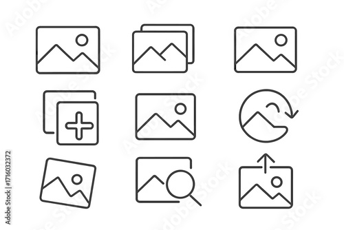 Picture line icon set. Image and photo outline symbols. Gallery, add, upload, rotate, search, and zoom signs for web design, UI, UX, apps. Vector pictogram collection.