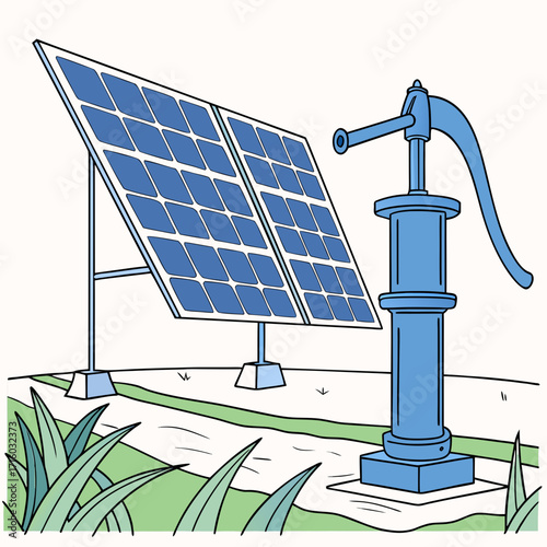 Illustration of a solar panel system powering a traditional water pump in a rural setting