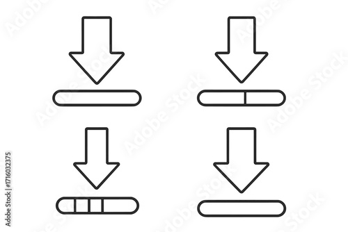 Download and upload progress bar icon set. Arrow down symbol collection. Thin line vector signs for loading status, data transfer indicator, web and app UI UX elements.