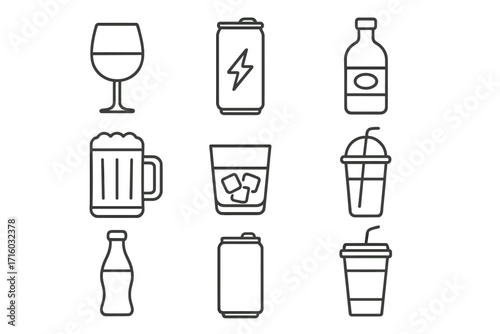 Drink and beverage icon set. Thin line art collection of alcoholic, soft, and energy drinks. Vector symbols for bar, cafe menu, web, and apps. Includes beer, wine, and soda.