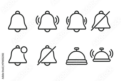 Notification bell icon set for UI and UX design. Alert, subscribe, reminder and silent mode symbols. Service bell for hotel reception. Vector line art collection illustration.