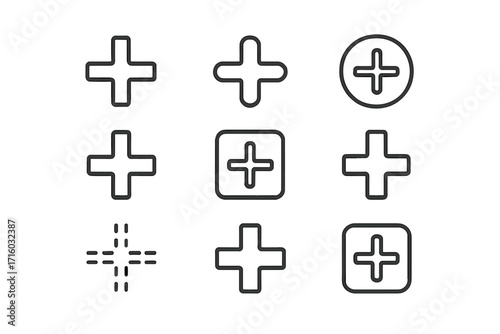 Plus sign icon set. Collection of add, more, and positive symbols. Simple minimal line outline vector illustration for web design, app user interface, UI UX buttons, and graphic elements.