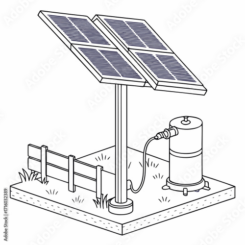 Illustration of a solar panel system powering a water pump in a rural setting with a fence
