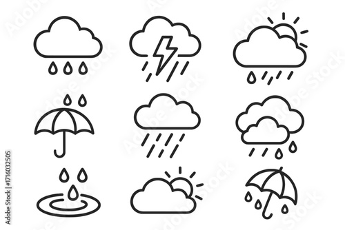 Weather line icon set. Pack of rain and storm outline signs. Cloud, sun, umbrella, thunder, raindrop symbols. Vector illustration for climate forecast, web and app design.