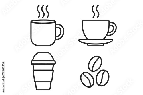Coffee and tea line icon set. Vector collection of hot drinks symbols. Mug, cup, to-go paper cup and coffee beans. Outline pictogram for cafe menu, barista, morning.
