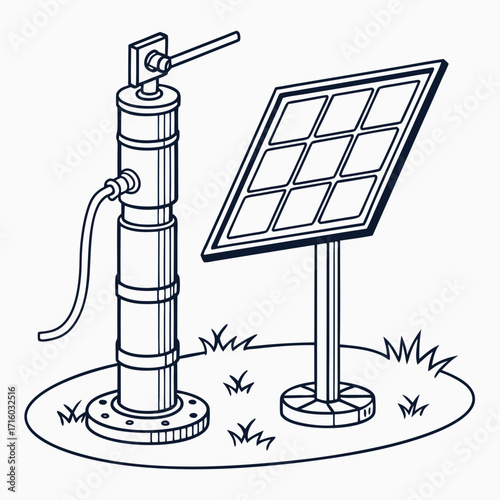 Illustration of a solar powered water pump system in a grassy area with a simple design
