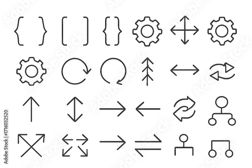 Vector line icon set with arrows, gears, brackets, and flowchart symbols. Minimalist pictograms for UI/UX, navigation, and infographics. Editable stroke icons collection.