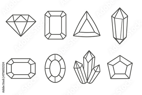 Diamond and gem icon set. Collection of crystal and gemstone line art symbols. Precious stone and jewel vector illustration. Linear logo elements for jewelry design.