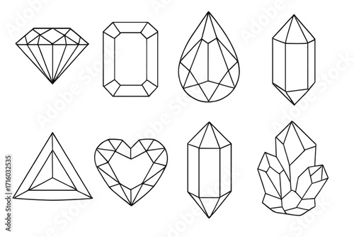 Diamond and gem icon set. Collection of crystal and jewel line art symbols. Precious stone, mineral, and gemstone shapes. Geometric vector illustration for luxury design.