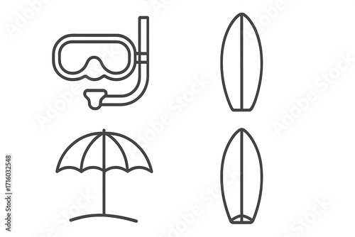 Beach life and summer vacation line icon set. Includes diving mask, surfboard, and sun umbrella. Outline vector symbols for water sports, travel, web design, and graphic ads.
