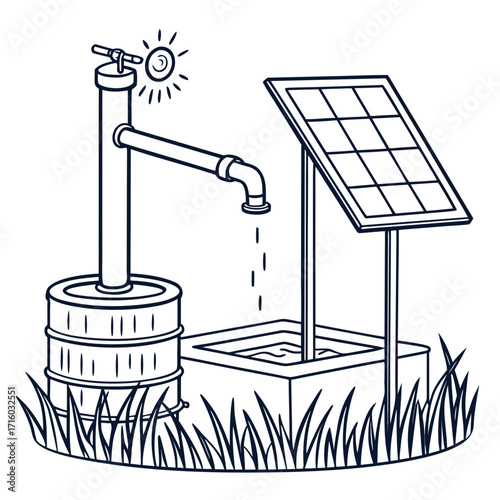 Illustration of a solar powered water pump system providing water to a collection basin