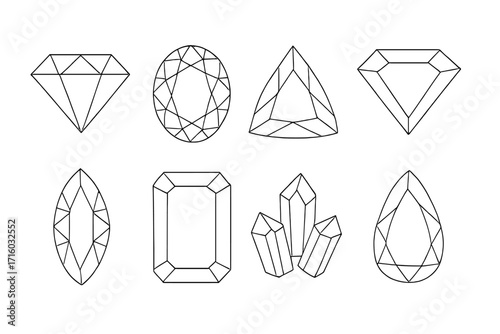 Diamond gem line icon set. A collection of precious stones and crystals. Jewelry symbols including brilliant cut, emerald, pear, marquise, and oval. Luxury vector outlines.