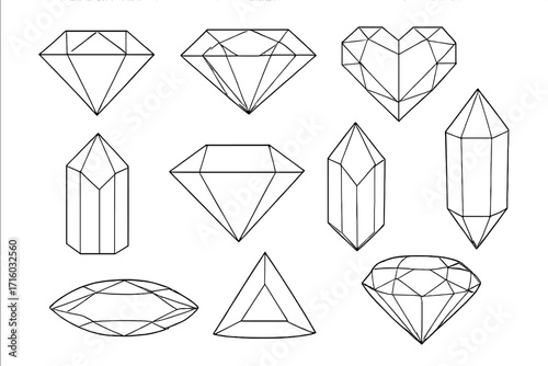 Diamond and gem line icon set. Collection of crystal and jewel shapes. Assorted precious stone outlines. Vector illustration of different faceted cuts for luxury jewelry design.