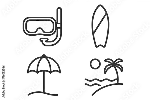 Beach vacation and summer travel line icon set. Outline symbols for diving, surfing, and relaxing. Includes snorkel mask, surfboard, sun umbrella, and tropical island.