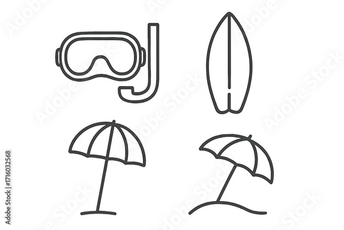 Beach and summer vacation line icon set. Diving mask, snorkel, surfboard, and beach umbrella symbols. Outline vector illustration for travel, web design, apps, and infographics.